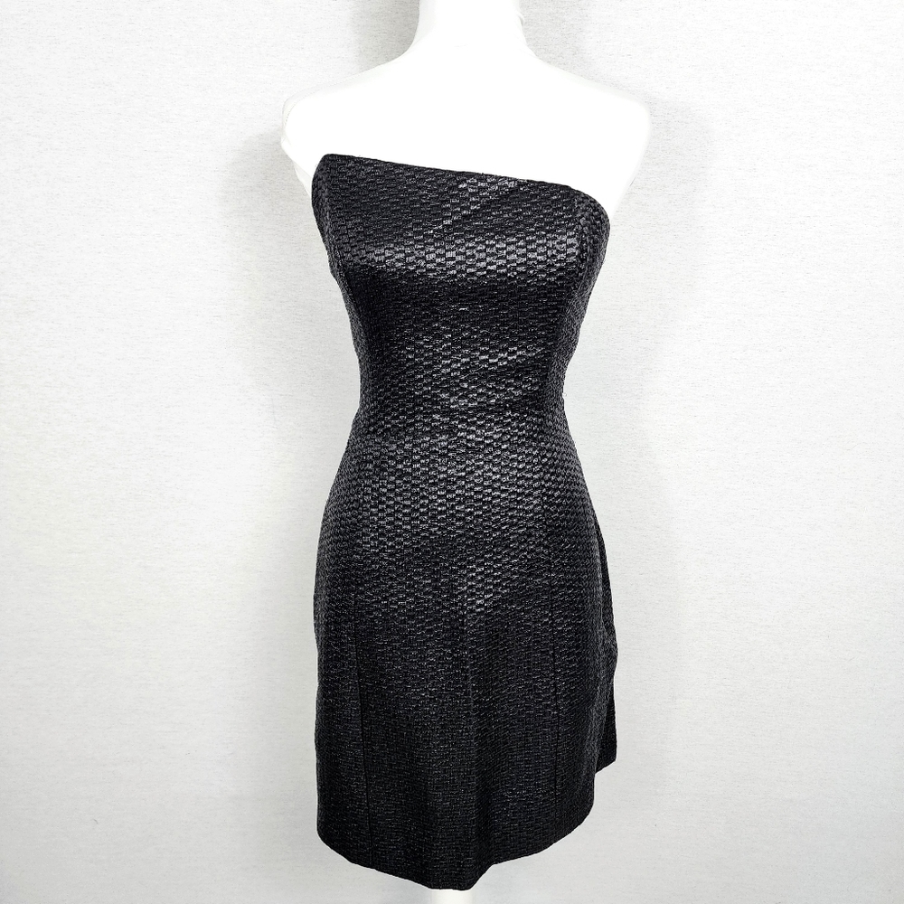 Kimberly Ovitz Black Strapless Asymmetrical Woven Raffia Mini Bodycon Dr…